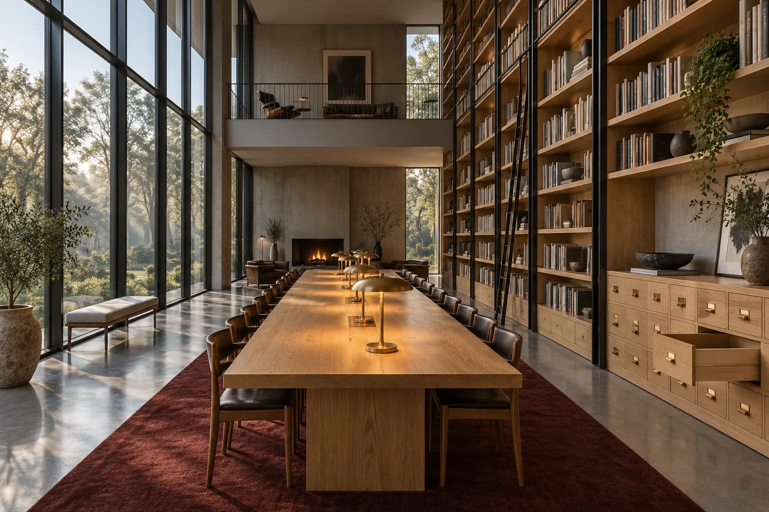 A double-height modern library room in early morning light. Pale oak shelving rises the full height of one wall on blackened steel uprights, a long oak table runs down the centre under low brass lamps, a bank of card catalogue drawers stands to the right with one drawer pulled open, and a deep red runner lies on the polished concrete floor.