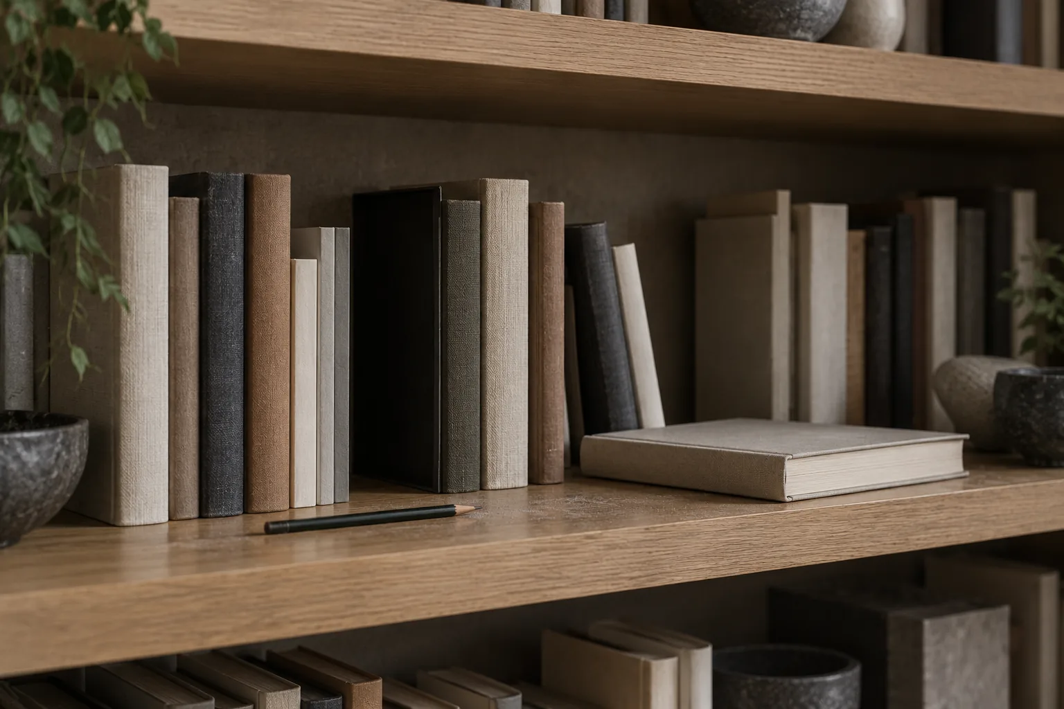 A close view of one oak library shelf. Books stand in an uneven run of different heights and colours, several leaning. One book has been taken out and lies flat on top of the row, and the gap it left is the darkest part of the picture. A pencil rests on the front edge of the shelf.