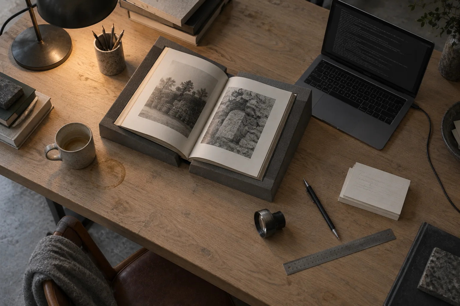 An oak desk seen from above, in the middle of a job. A large book lies open in a grey foam cradle, a laptop beside it shows an unreadable wall of plain text, a stack of index cards carries faint pencil marks, and there is a loupe, a steel ruler, a pen, a coiled cable and a mug with a dried ring of tea. A cardigan hangs over the chair below.