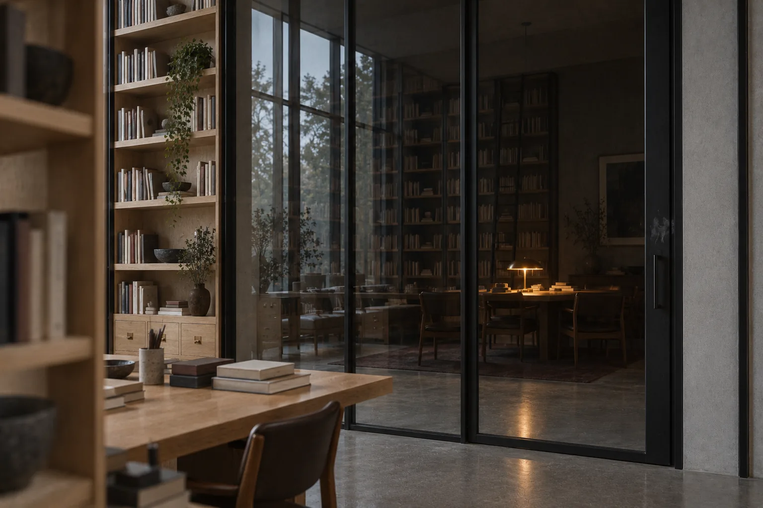 A modern library seen through a full-height glass partition in a blackened steel frame. The near side is an open catalogue area in flat daylight; beyond the glass a second reading room stands in near darkness with a single warm lamp lit deep inside. The glass carries a reflection so the two rooms layer over one another.