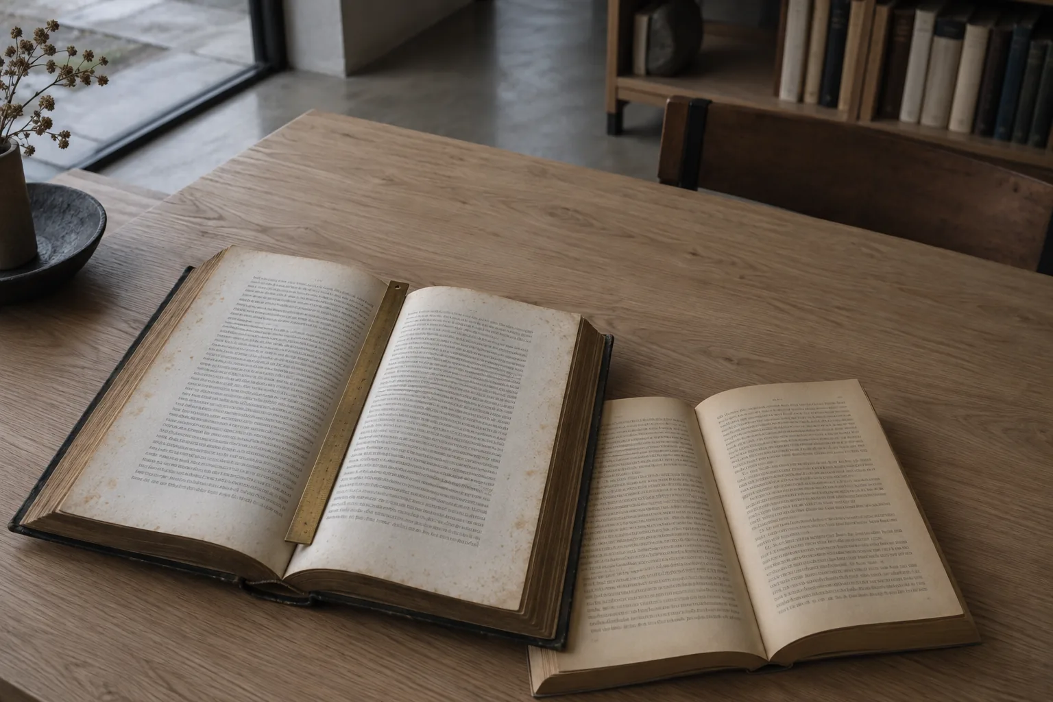 Two different editions of the same book lie open side by side on an oak table. The left is a taller hardback with foxed, spotted pages and a thin brass ruler laid down its gutter; the right is a smaller paperback with yellower paper and visibly different type.