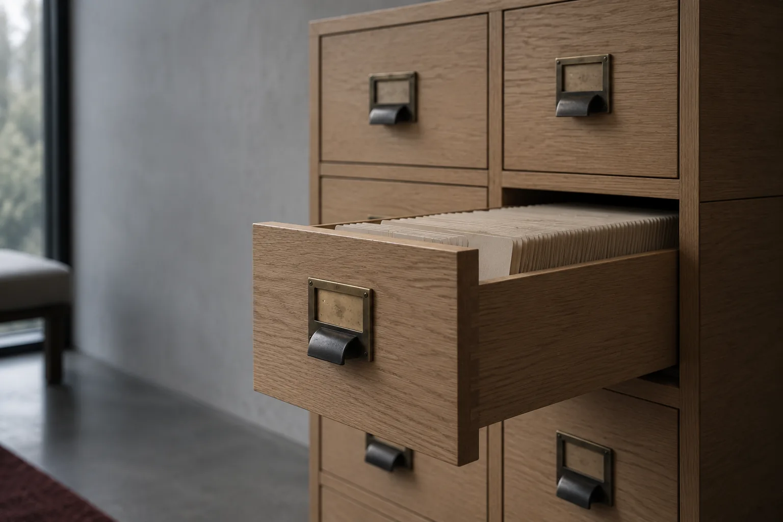 A modern pale oak card catalogue cabinet with one drawer pulled open and packed with upright cream cards. Every other drawer is closed and their brass label holders are blank.