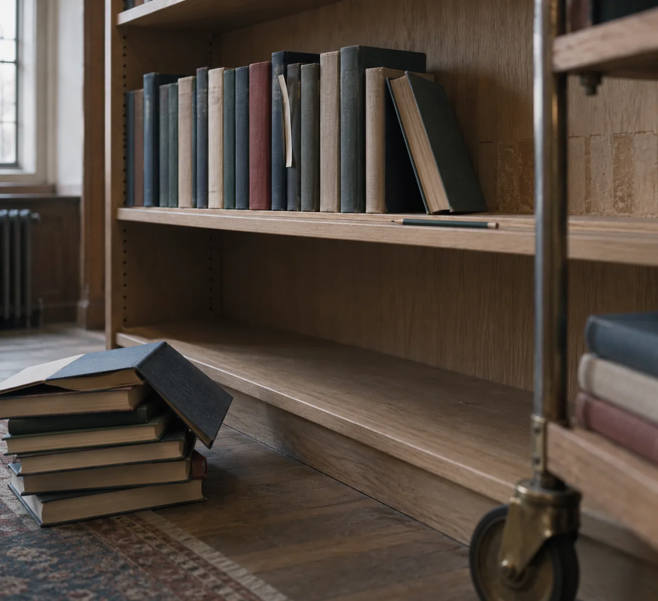 A pale oak library shelf holding a fresh run of cloth-bound books in slate, oatmeal, green and oxblood, the last one tilted against the row. A call slip sticks out between two volumes and a pencil lies in the shelf groove. On the floor below, a stack of waiting books with one lying open face-down, beside the brass caster of a book trolley.