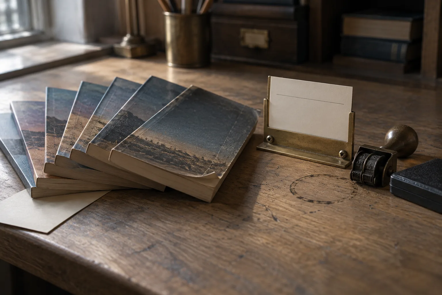 Six matching paperbacks fanned on a scarred oak desk, the top one with a creased spine and curling corner, beside a small brass card holder carrying a blank cream slip with one faint pencil line, and a brass-handled date stamp lying on its side.