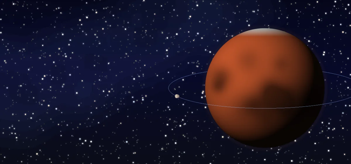 A starfield with an orbit line and the planet Mars, lit from the upper left, its north polar cap catching the light. A small moon sits on the orbit.